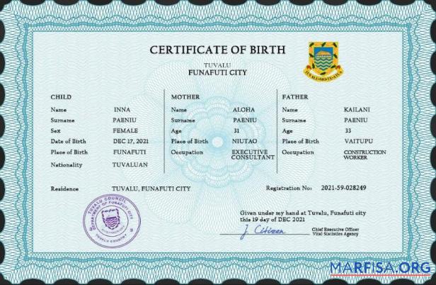 Blank Tuvalu vital record birth certificate PSD template